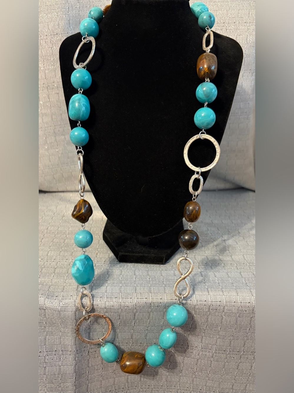 Turquoise Bead and Brown Stone Long Necklace - Womens Jewelry